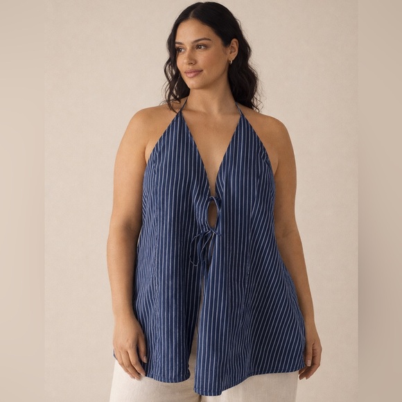 Lyrebird Tops - Anthropologie LyreBird Tie Front Halter Top Navy Stripe Cotton NWT XL